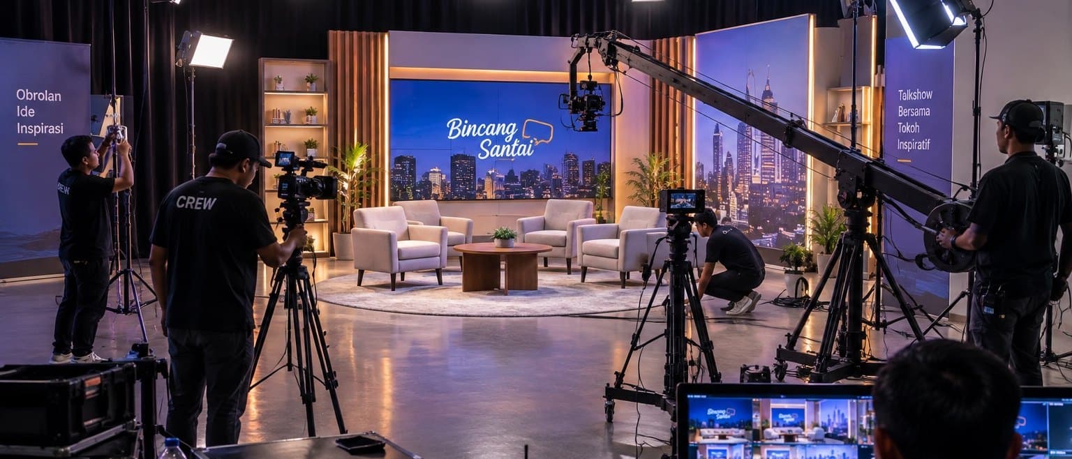 Set talkshow dengan jib, kru kamera, dan tata lampu menyala